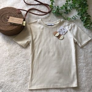 Zara Cream Ribbed Short Sleeve Top SZ S